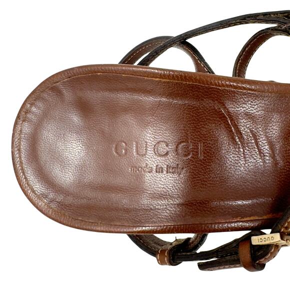 Gucci GG Logo White Gold Cognac Tan Brown Leather Strappy Heels Sandals US 8 - Picture 7 of 10